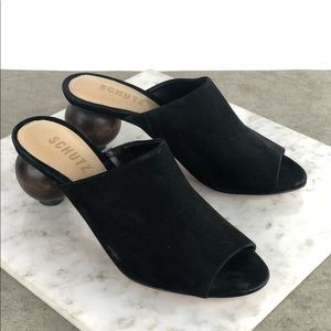 Schutz Black Suede Ball Heel Slip On Sandal Mules